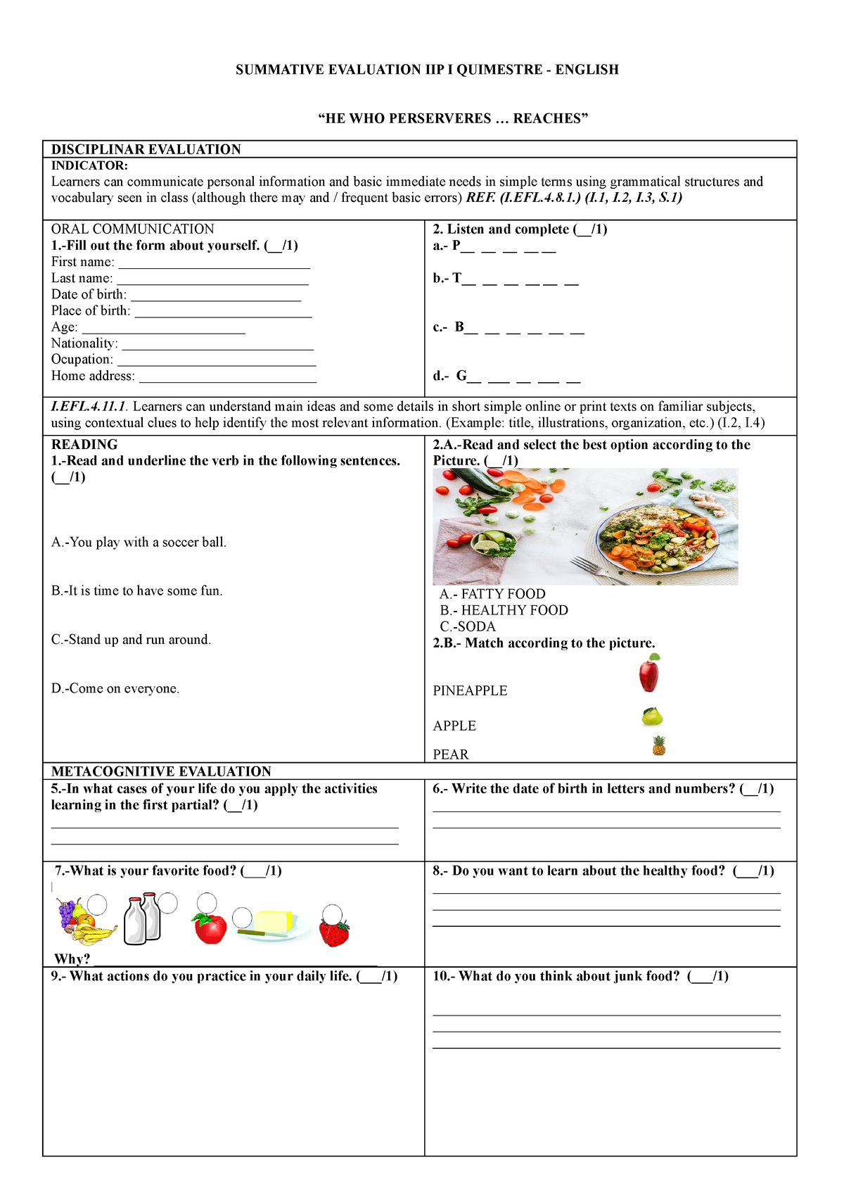 Evaluación Quimestral - SUMMATIVE EVALUATION IIP I QUIMESTRE - ENGLISH ...