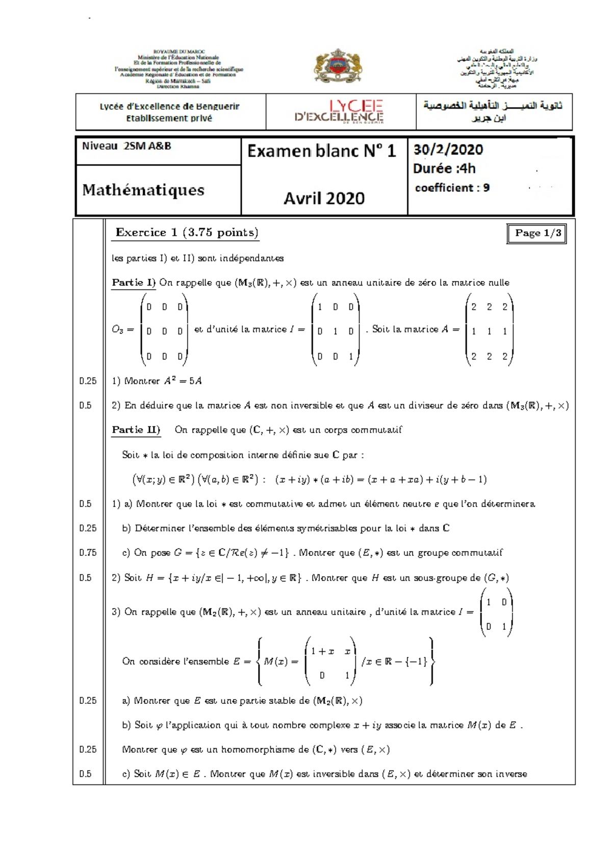 Bac Blanc Lydex 1 - . Exercice 1 (3 Points) Page 1/ Les Parties I) Et ...