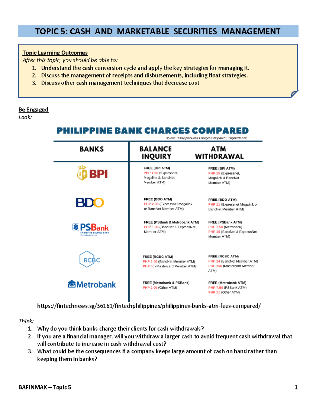 5 Cash and marketable securities management - TOPIC 5: CASH AND ...