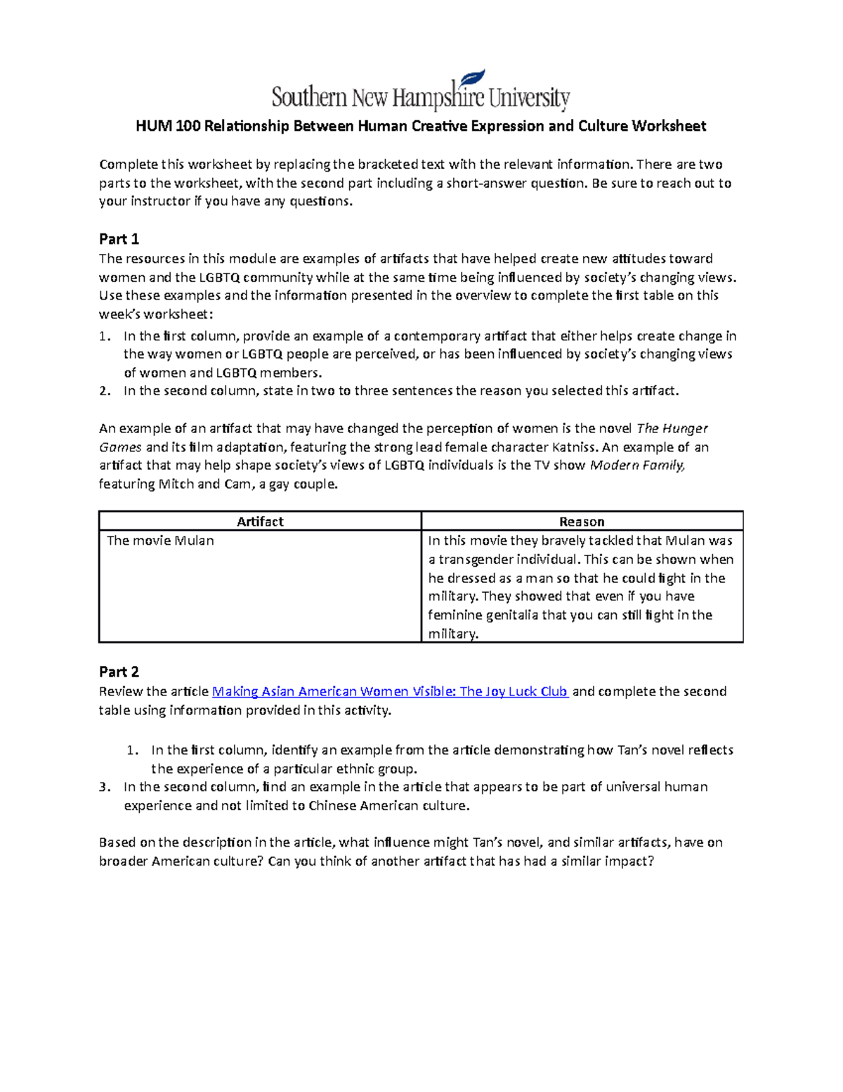 HUM 100 Relationship Between Human Creative Expression and Culture ...