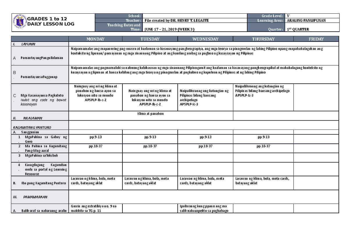 DLL Araling Panlipunan 5 Q1 W3 - GRADES 1 to 12 DAILY LESSON LOG School ...