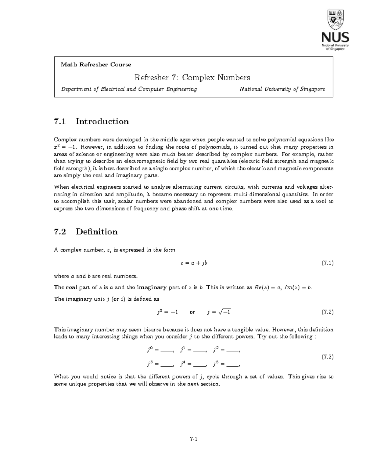 Topic 7 - Complex Numbers - Math Refresher Course Refresher 7: Complex ...