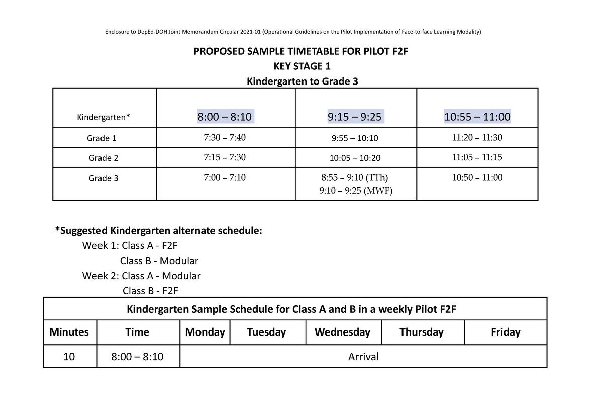 Annex F Sample Class Schedules Merged 09 24 21 Enclosure To DepEd DOH 