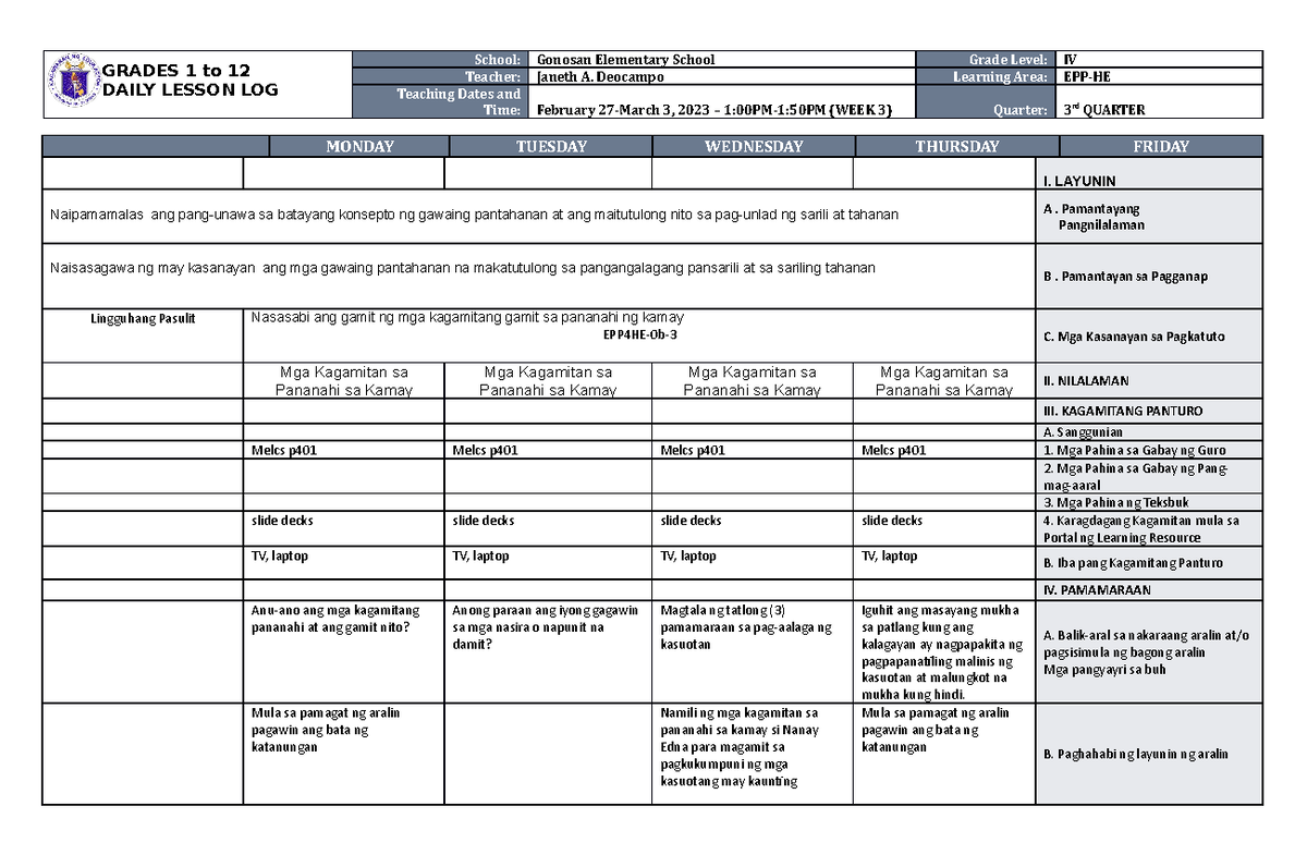 DLL EPP 4 Home Economic Week 3 - GRADES 1 to 12 DAILY LESSON LOG School ...