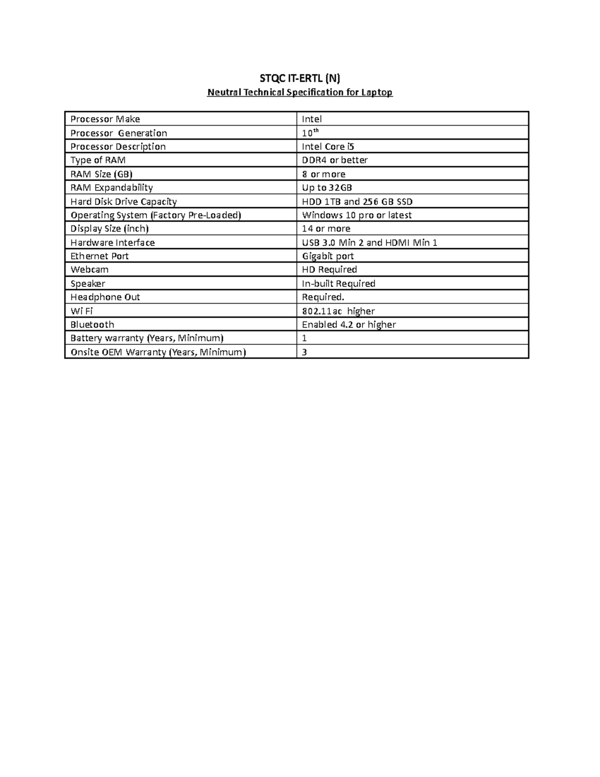 Laptop Neutral Spec - STQC IT-ERTL (N) Neutral Technical Specification ...