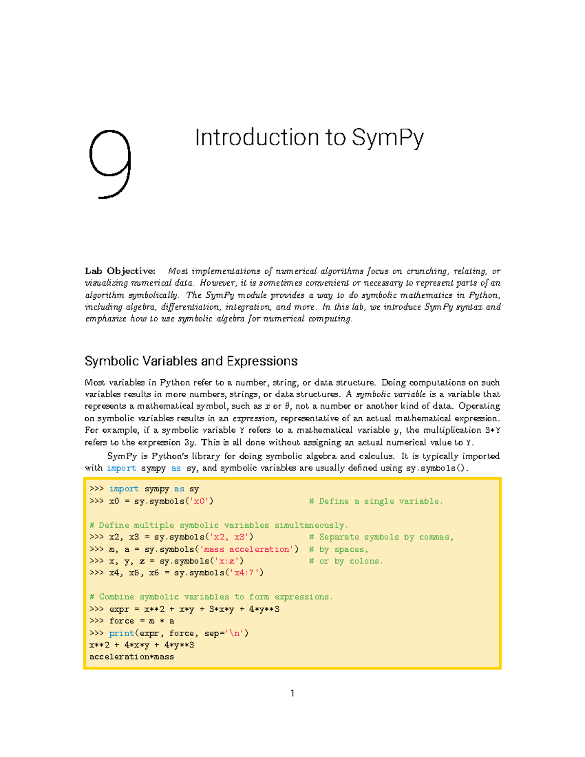 Sympy - Lecture Notes 5-10 - 9 Introduction To SymPy Lab Objective ...