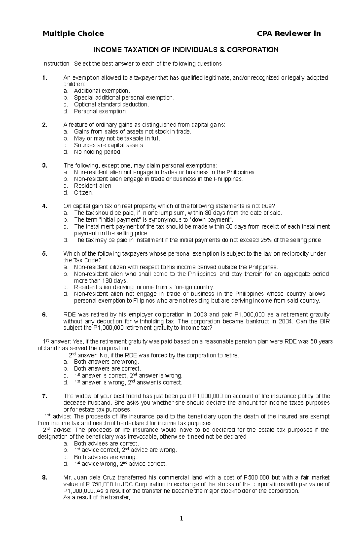 Income Tax - nano - Multiple Choice CPA Reviewer in 1 INCOME TAXATION ...