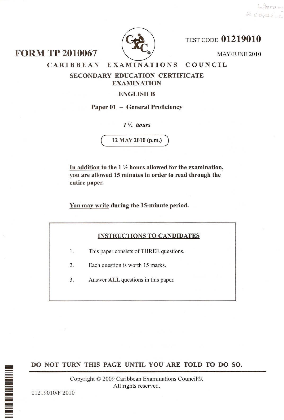 English B 2010 P1 - Past Paper - CARIBBEAN EXAMINATIONS COUNCIL ...