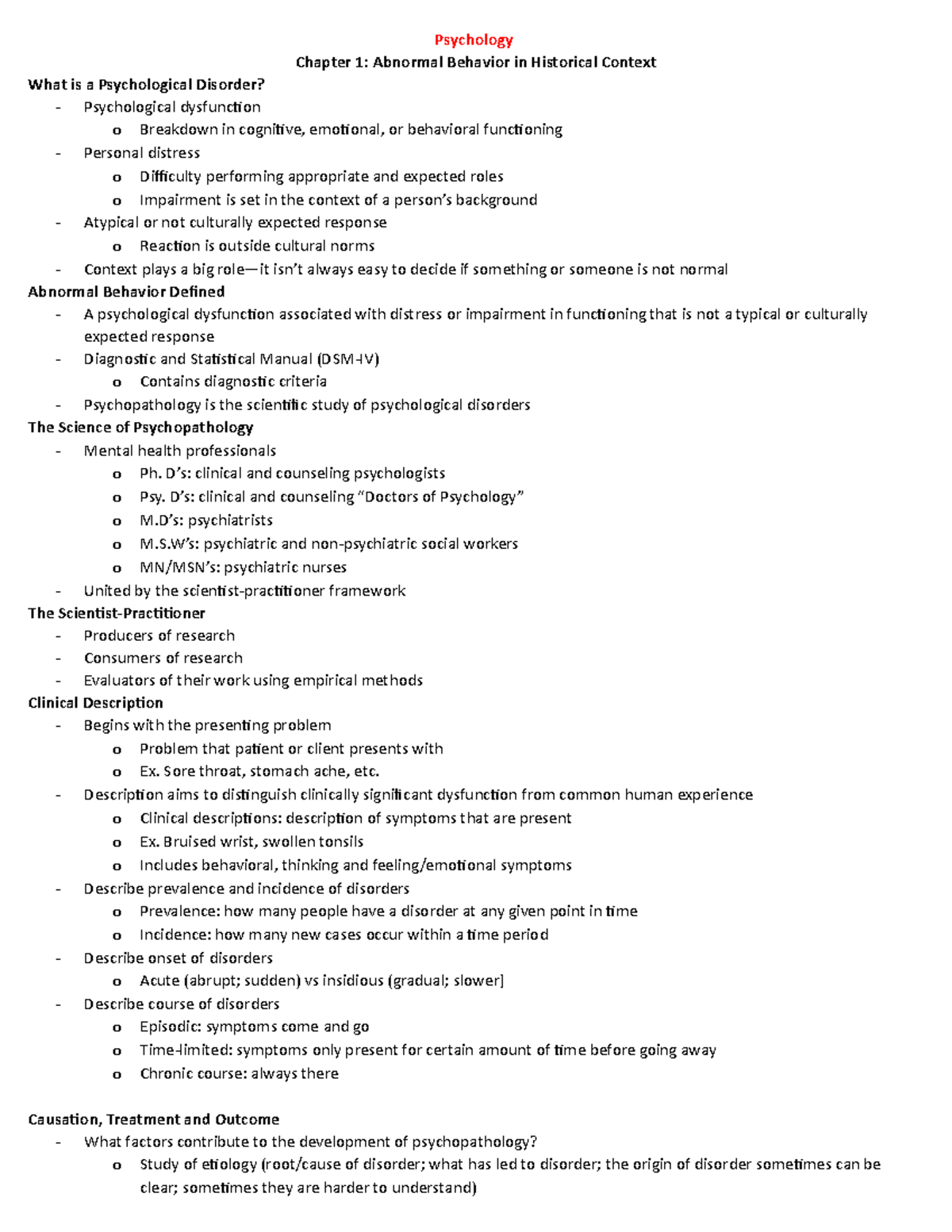 Psyc Midterm 1 Notes - Summary Abnormal Psychology - Psychology Chapter ...