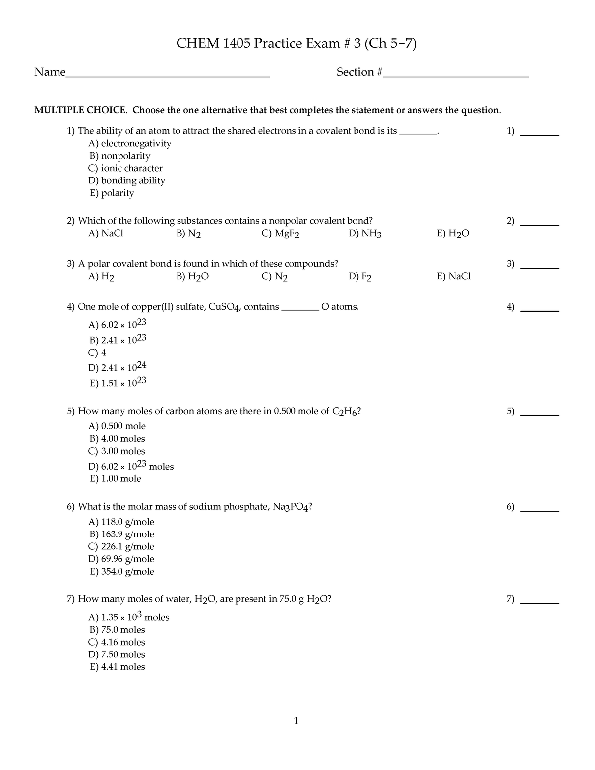 CHEM 1405 Practice Exam # 3 (Ch 5-7) - CHEM 1405 Practice Exam # 3 (Ch ...