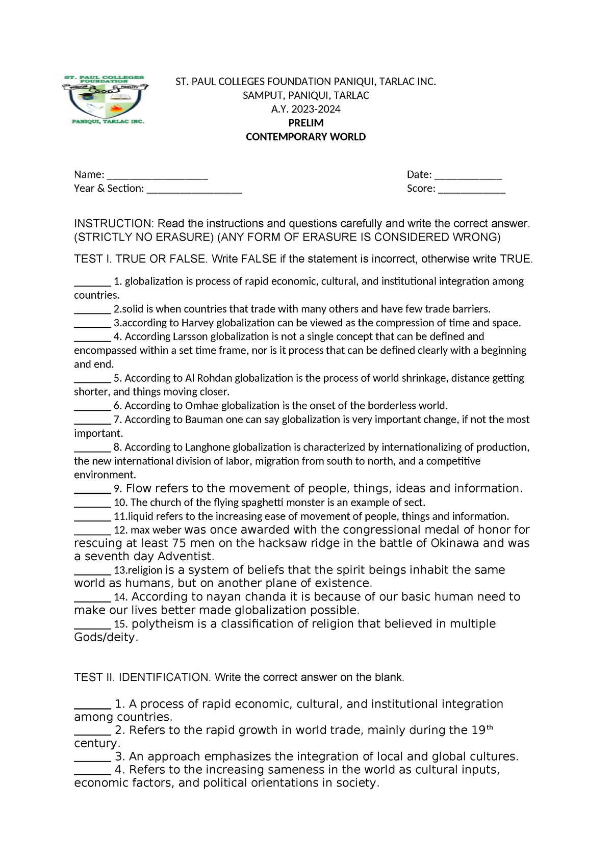 Prelims English - ST. PAUL COLLEGES FOUNDATION PANIQUI, TARLAC INC ...
