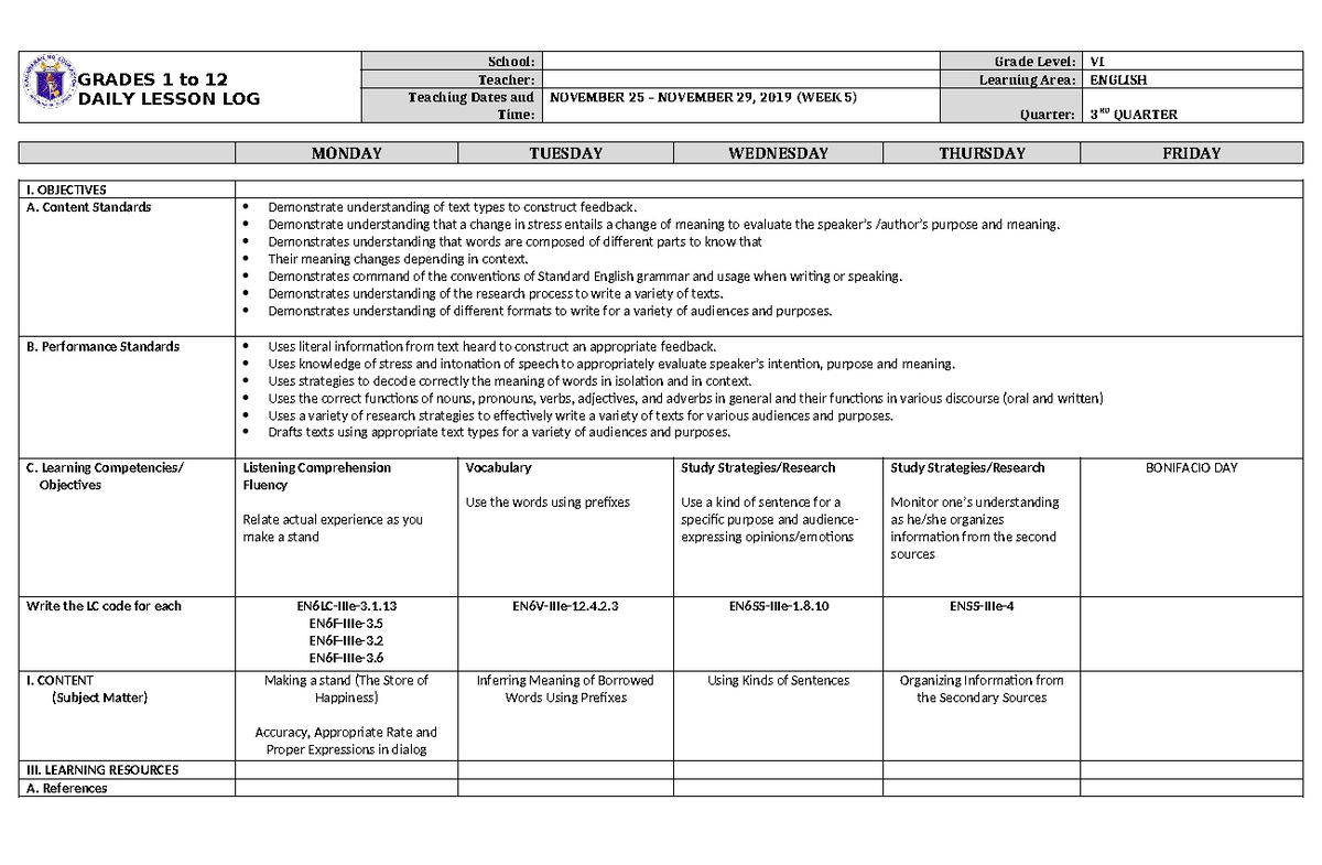 Dll English 6 Q3 W5 Detailed Lesson Plan Grades 1 To 12 Daily Lesson Log School Grade Level 8130