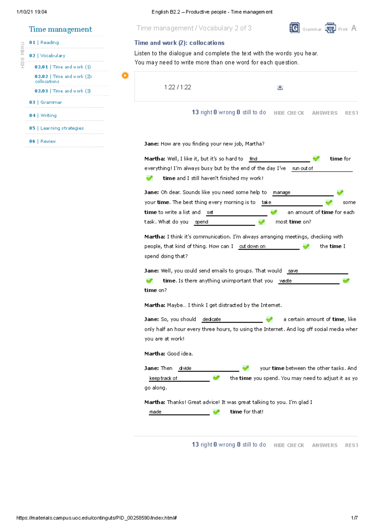 02.02 Vocabulary time and work (2) collocations - 13 right 0 wrong 0 ...