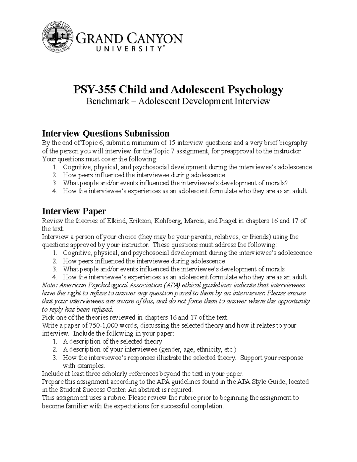 PSY355 RS Adolescent Development Interview PSY 355 Child and