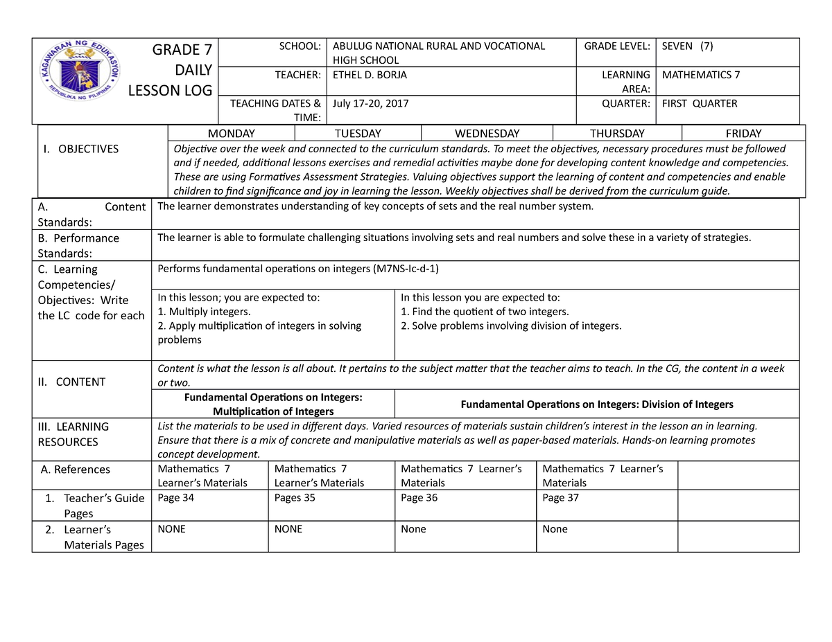 DLL MATH 7 Q1 W7 - DLL - GRADE 7 DAILY LESSON LOG SCHOOL: ABULUG ...