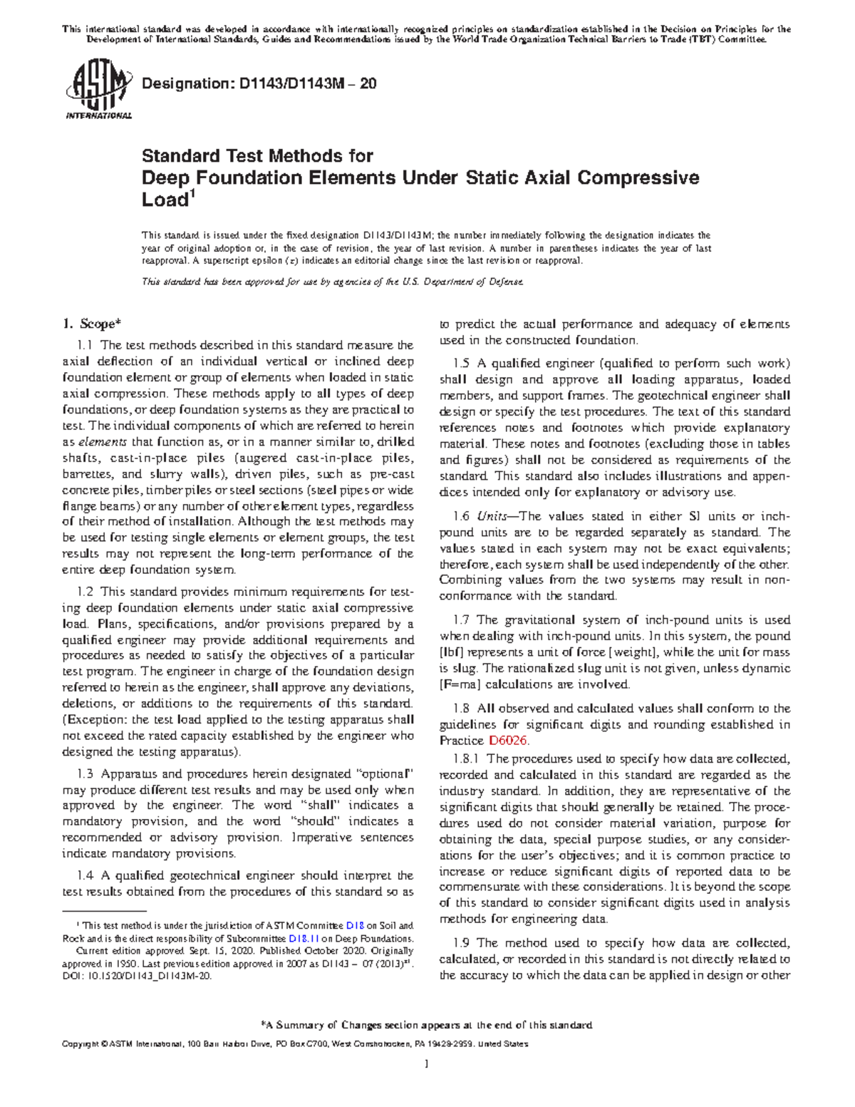 ASTM D1143 D1143M-20 - Good - Designation: D1143/D1143M − 20 Standard ...