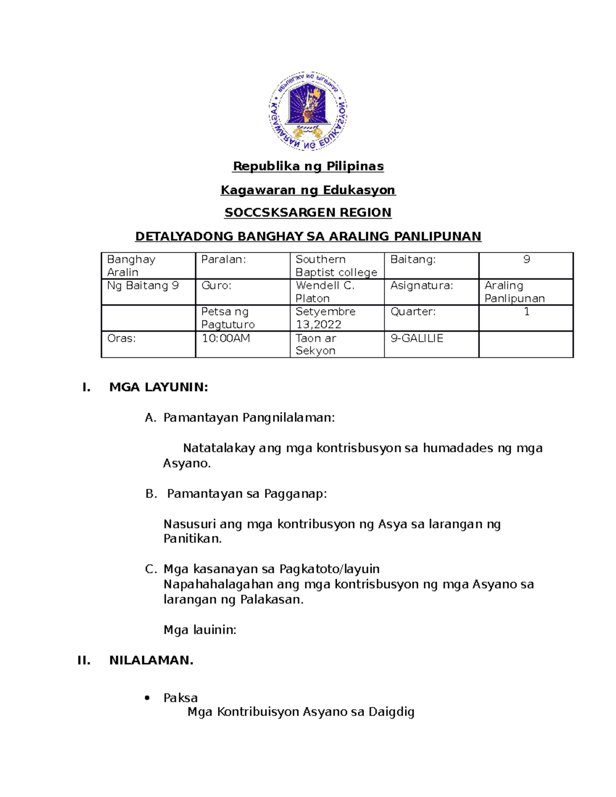 Detalyadong Banghay SA Araling Panlipunan - Republika Ng Pilipinas ...