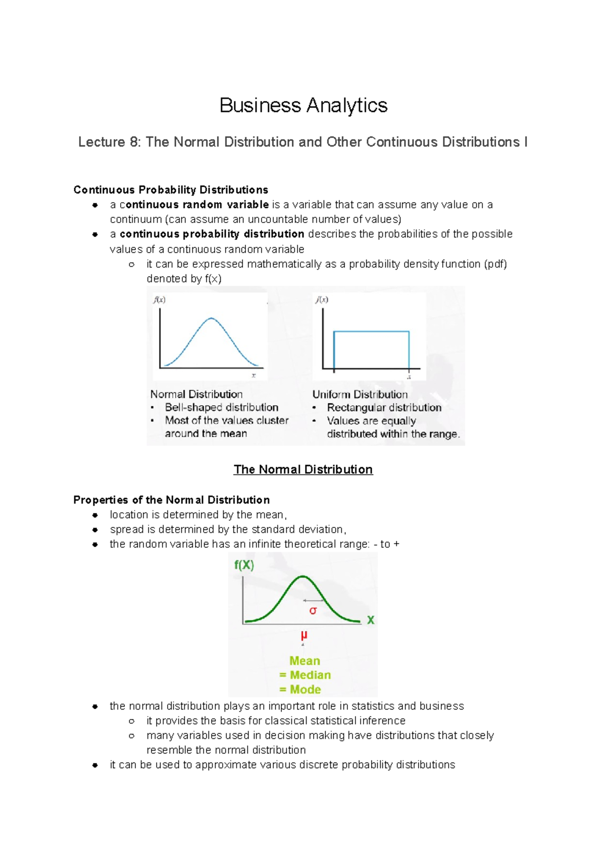 Lecture 8 The Normal Distribution and other Continuous Distributions I ...