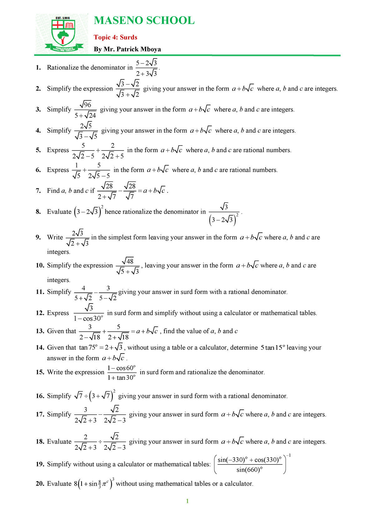 Surds Practice Questions And Answers - 1 MASENO SCHOOL Topic 4: Surds ...