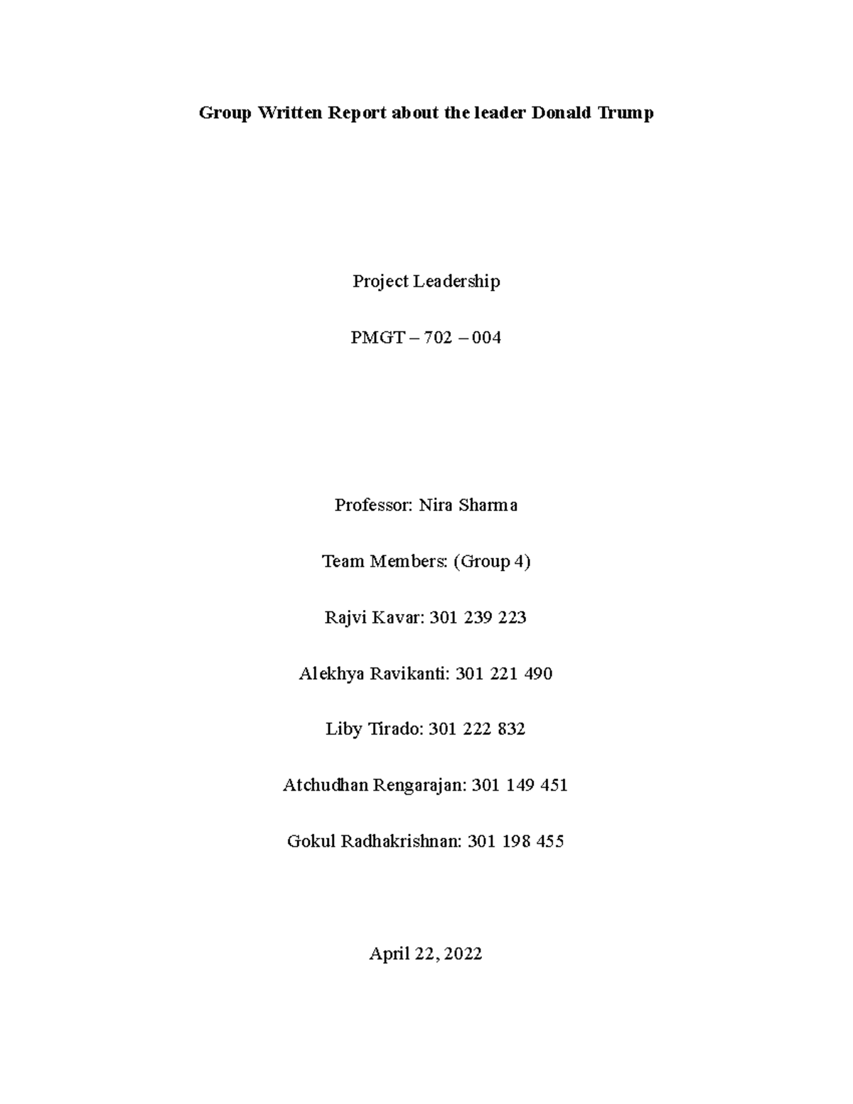 Donald Trump Essay (1) (1) - Group Written Report About The Leader ...