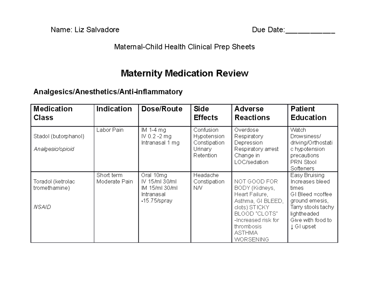Maternal-Child Health Clinical Study Guide Worksheets 2018-2019 (1 ...
