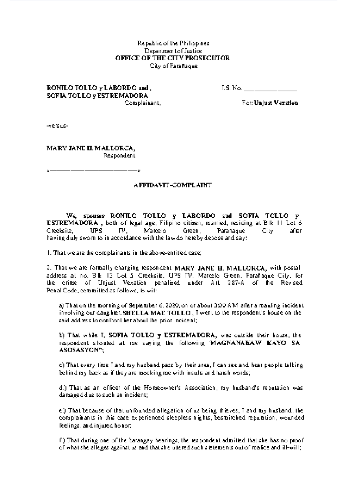 sample-complaint-affidavit-for-unjust-vexation-republic-of-the