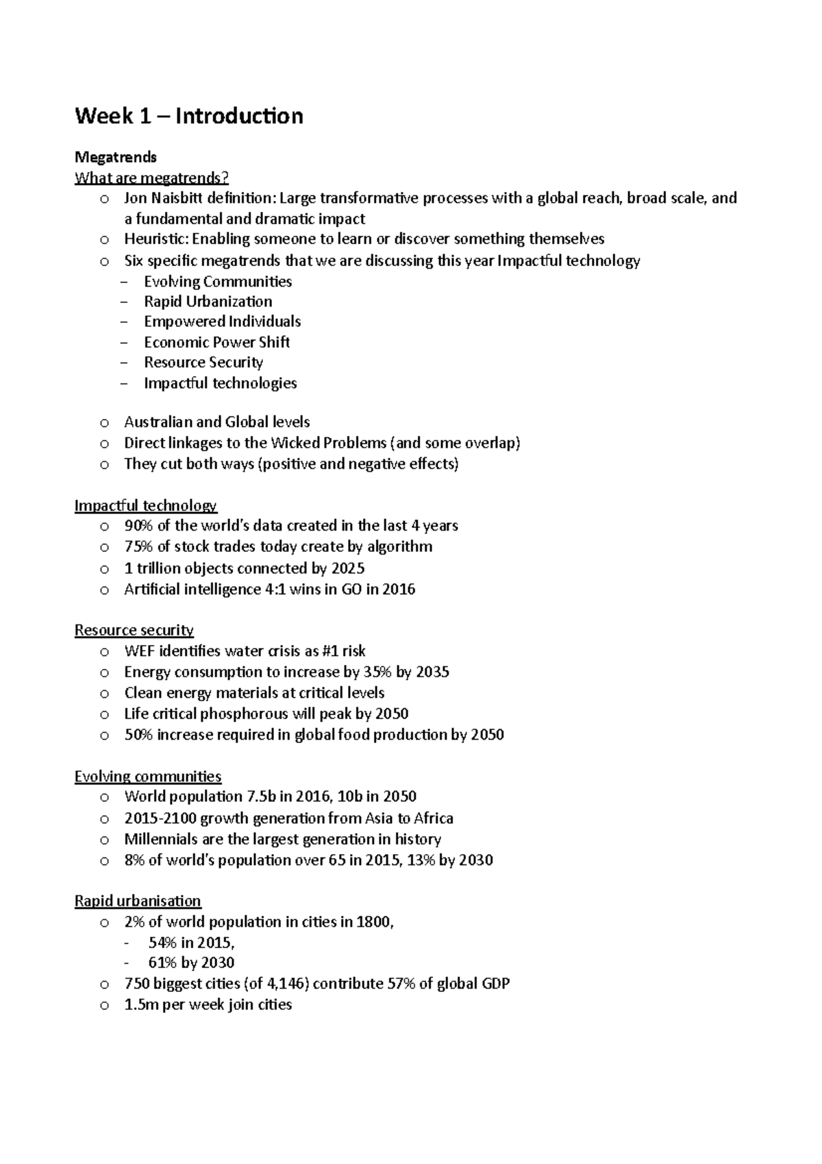 BUSS1000 - Lecture notes 1-10 - Week 1 – Introduction Megatrends What ...