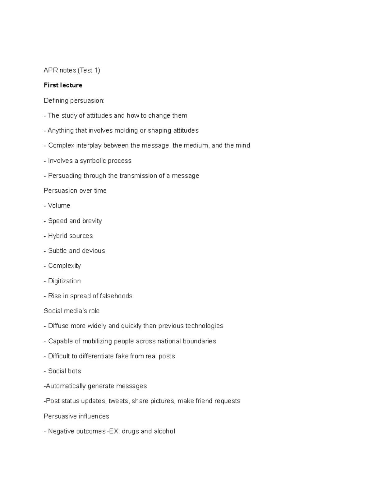 APR 290 - Notes - APR notes (Test 1) First lecture Defining persuasion ...