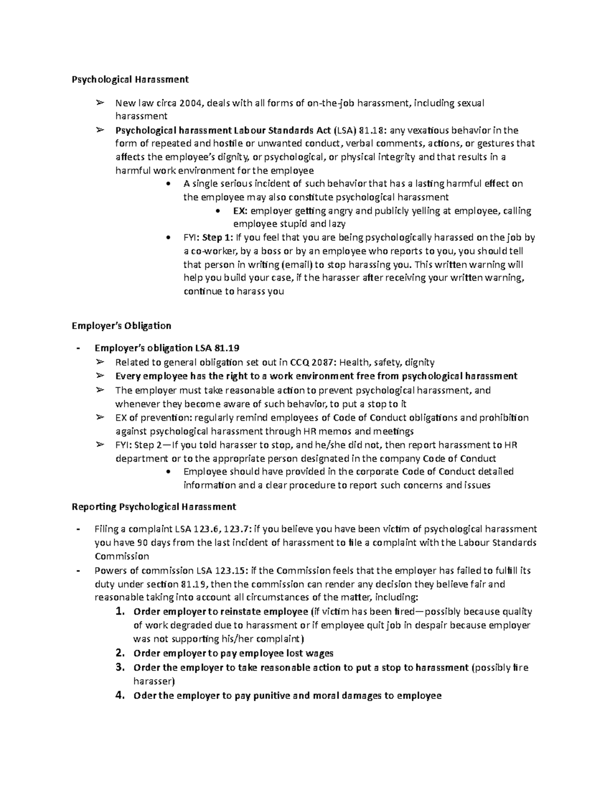CH7-Part4 - Notes for chapter 7 - Psychological Harassment New law ...