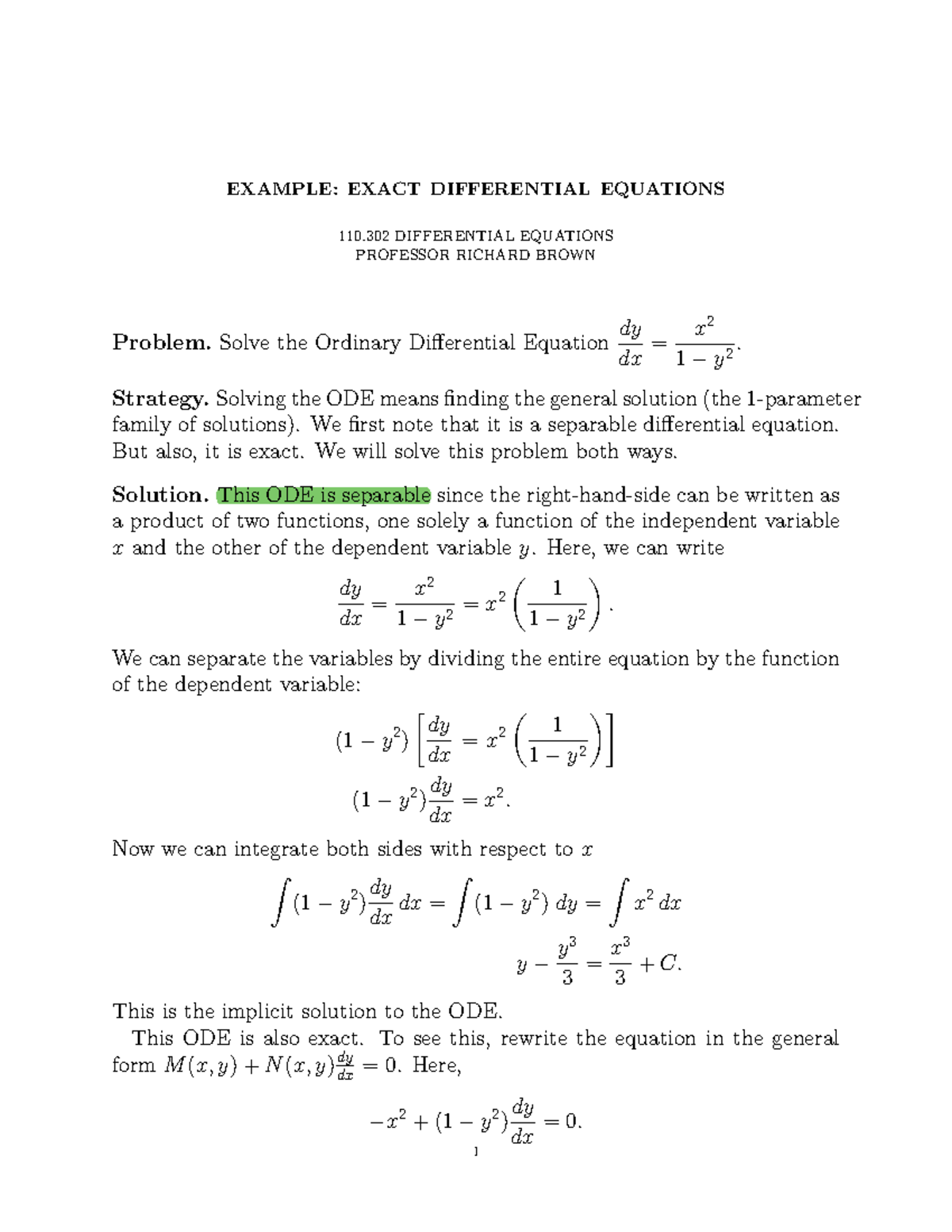 Exact Separable ODE - EXAMPLE: EXACT DIFFERENTIAL EQUATIONS 110 ...