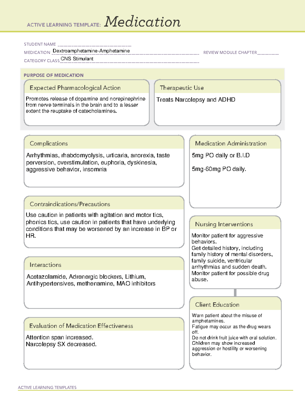 Dextroamphetamine - ACTIVE LEARNING TEMPLATES Medication STUDENT NAME ...