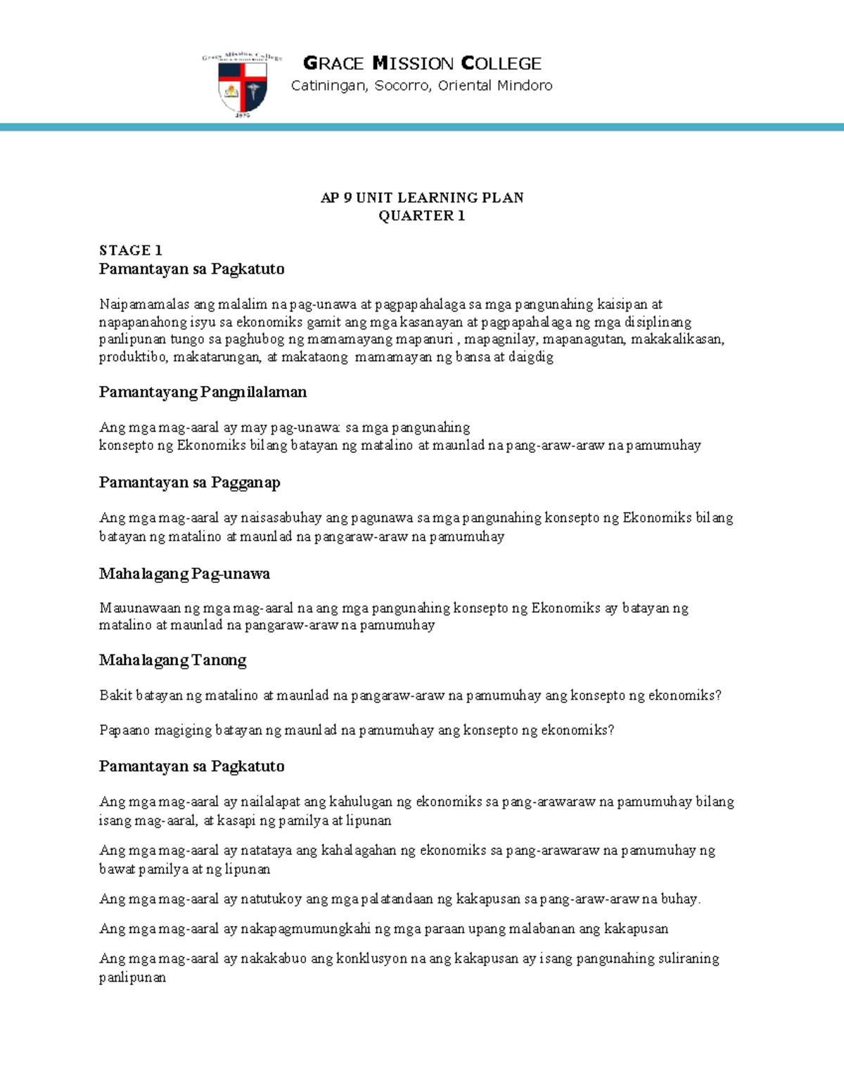 AP 9 Quarter 1 - uses - Catiningan, Socorro, Oriental Mindoro AP 9 UNIT ...