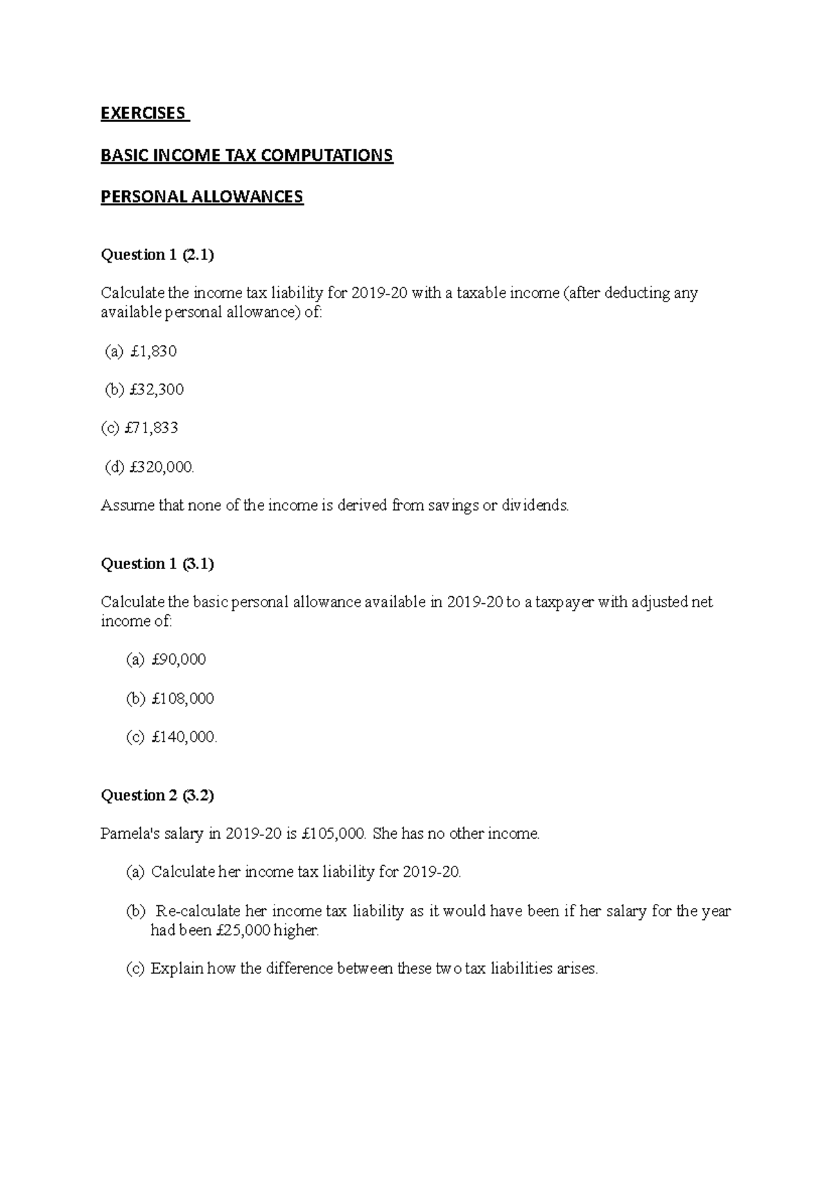 TAX Exercises - Basic income tax computations - EXERCISES BASIC INCOME ...