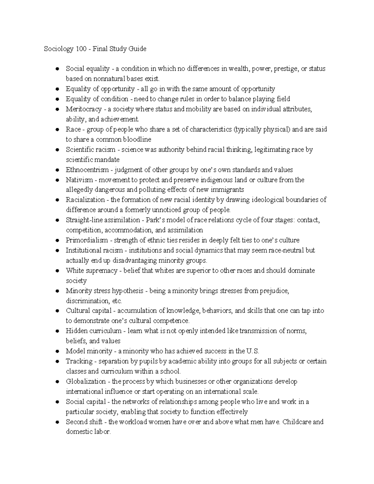 Final Exam Study Guide - Sociology 100 - Final Study Guide Social ...