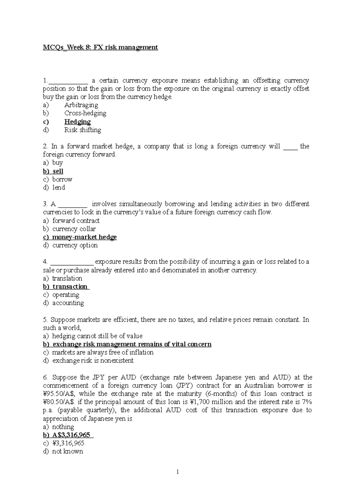 Week 8 MCQ FX Risk Management - MCQs_Week 8: FX Risk Management 1 ...