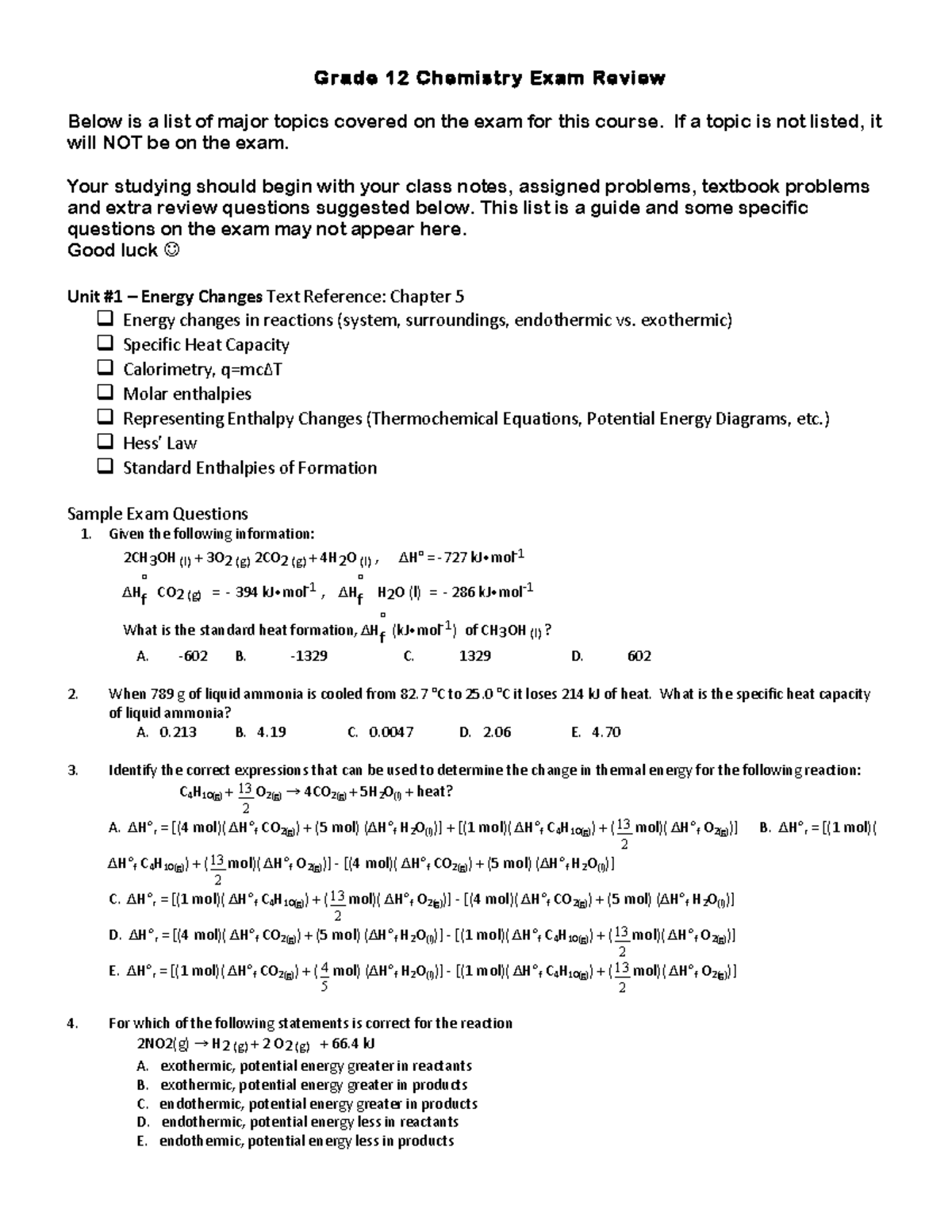 Exam I Questions for General Chemistry with Answers, CHEM 121, Exams  Chemistry