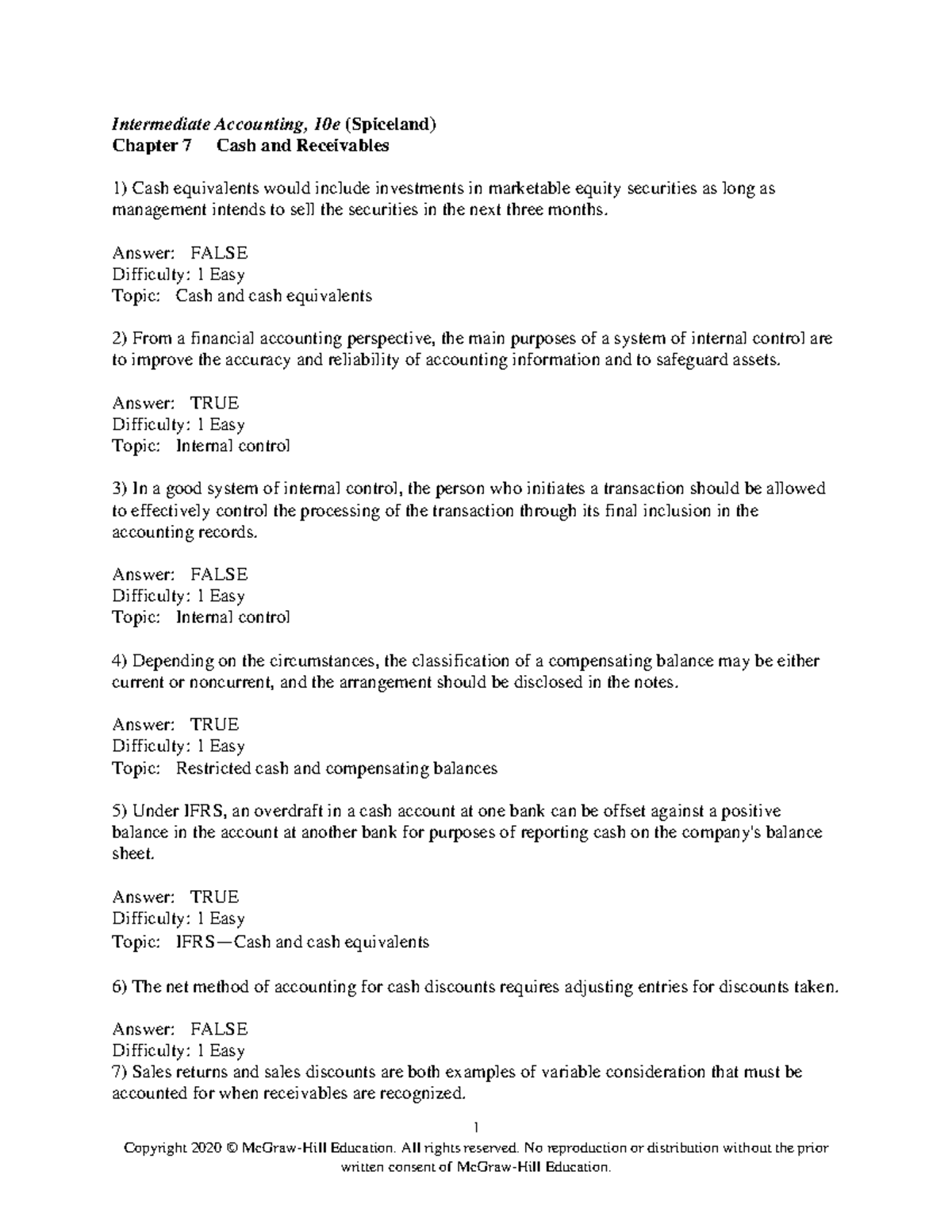 Spiceland 10e Chapter 07 TB Answer Key 1 Copyright 2020 © McGrawHill