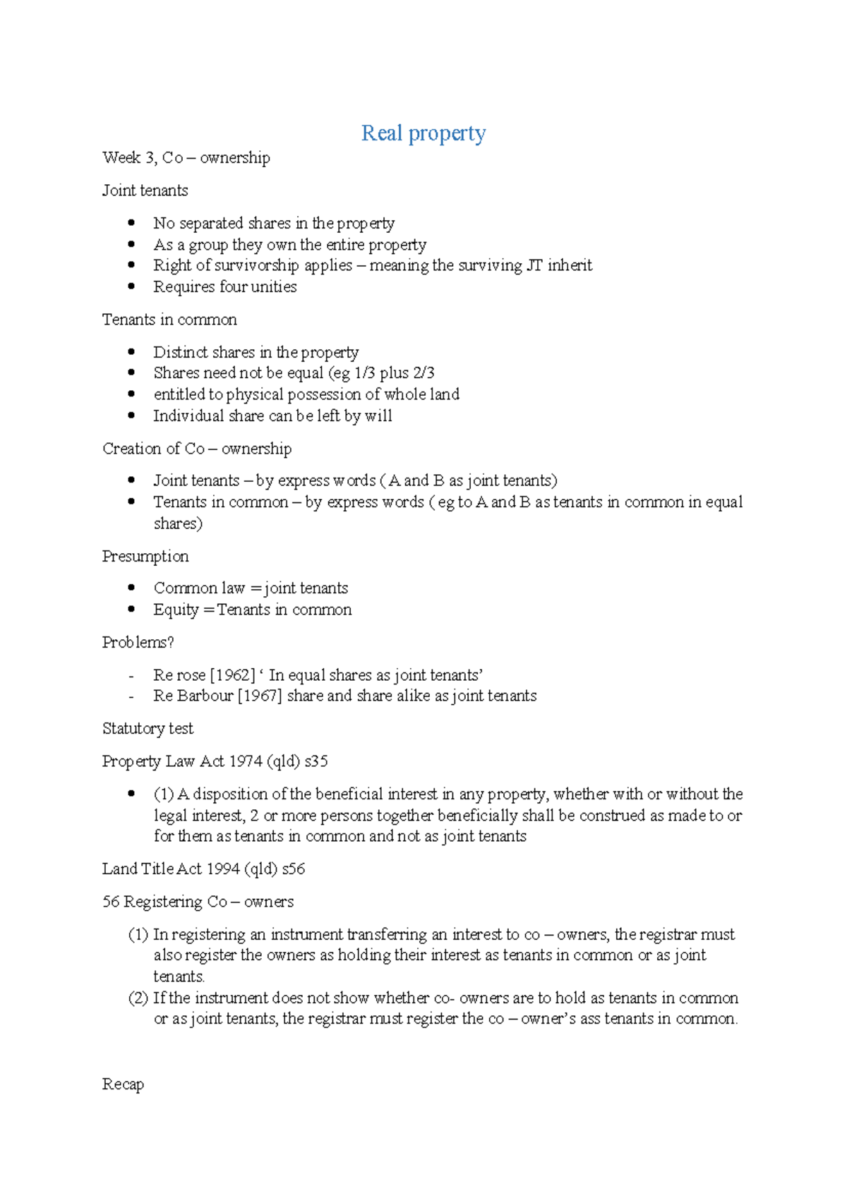 Notes - Real property Week 3, Co – ownership Joint tenants No separated ...