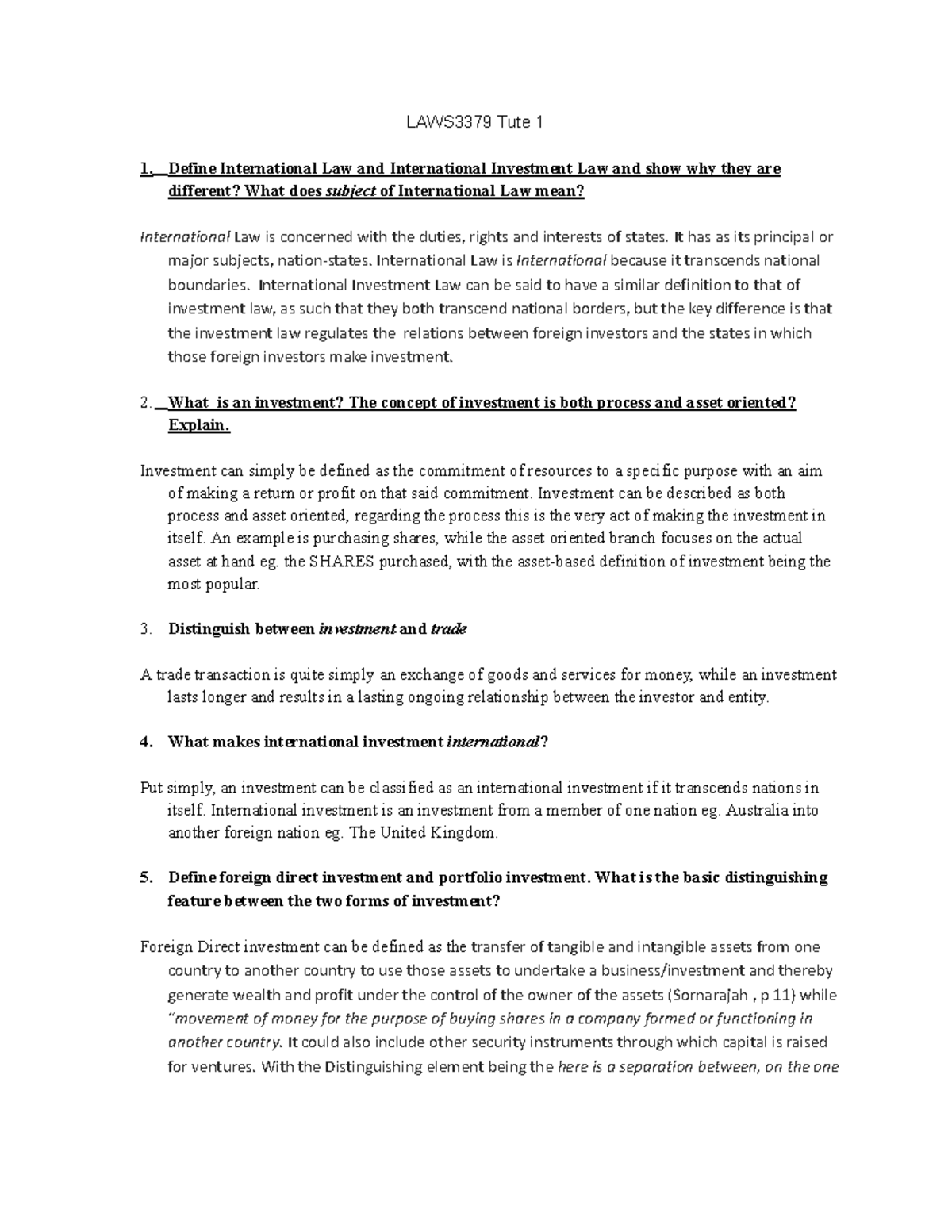 LAWS3379 TUTE 1 - Google Docs - LAWS3379 Tute 1 1. Define International ...