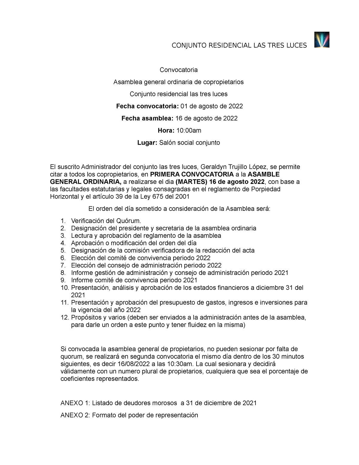 Citación asamblea de copropietarios - CONJUNTO RESIDENCIAL LAS TRES LUCES  Convocatoria Asamblea - Studocu