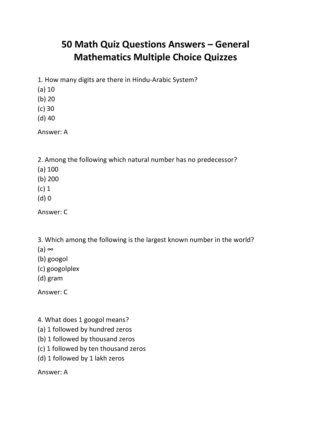 MATH QUIZ AND Answers 50 Math Quiz Questions Answers General 