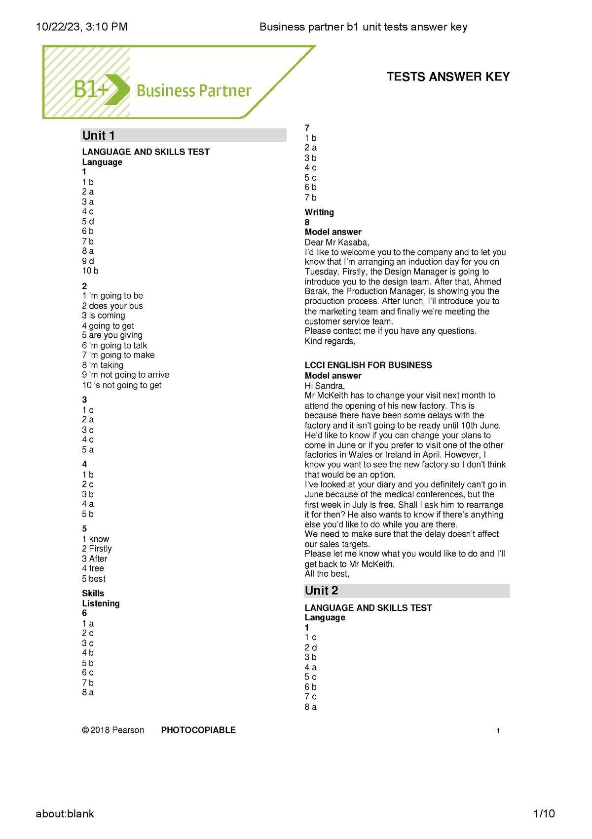 Business Partner B1 Unit Tests Answer Key - © 20 18 Pearson ...