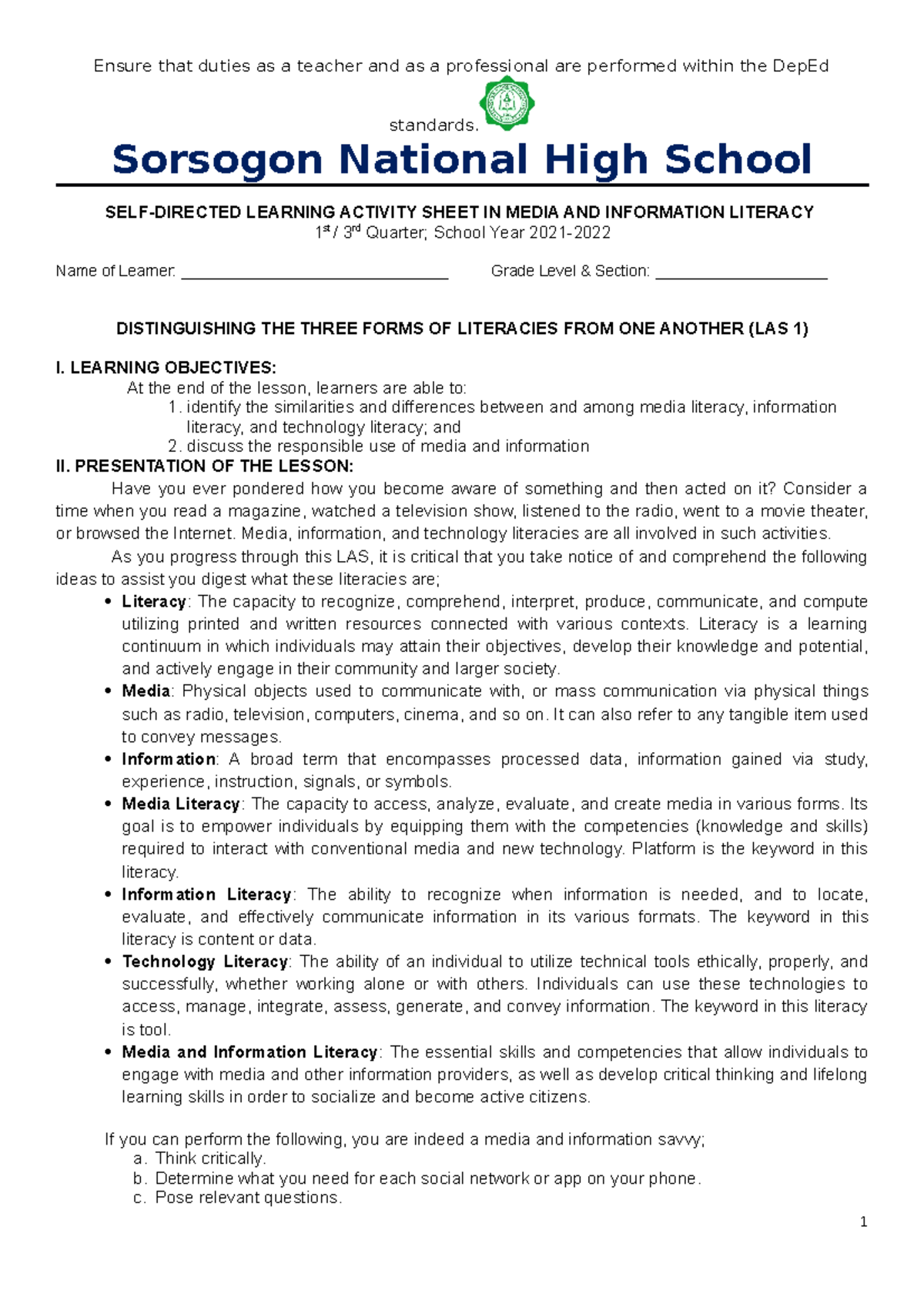 MIL-Q1-LAS-1 Revised - Ensure that duties as a teacher and as a ...