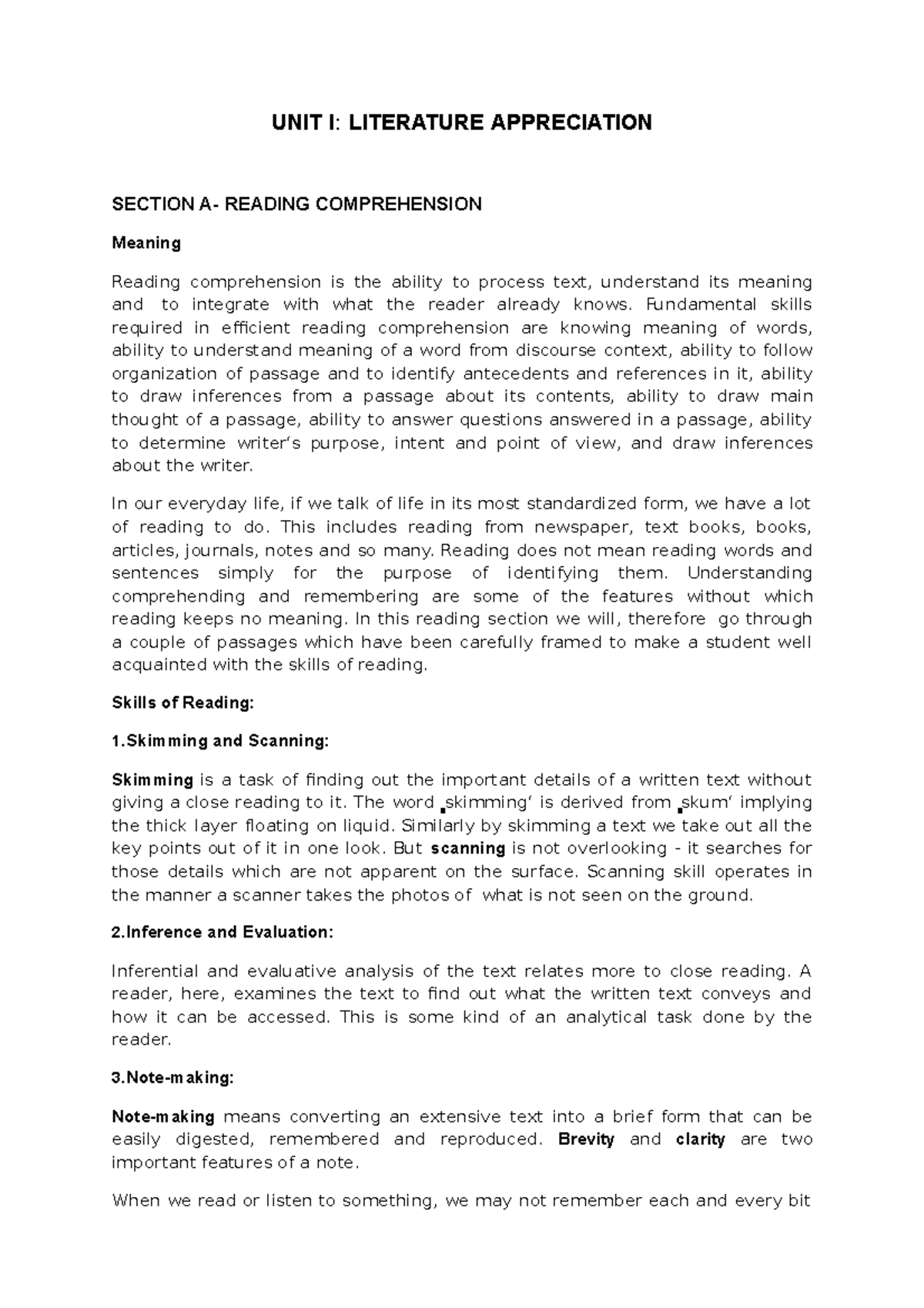 Unit 1 - It’s lecture notes - UNIT I : LITERATURE APPRECIATION SECTION ...