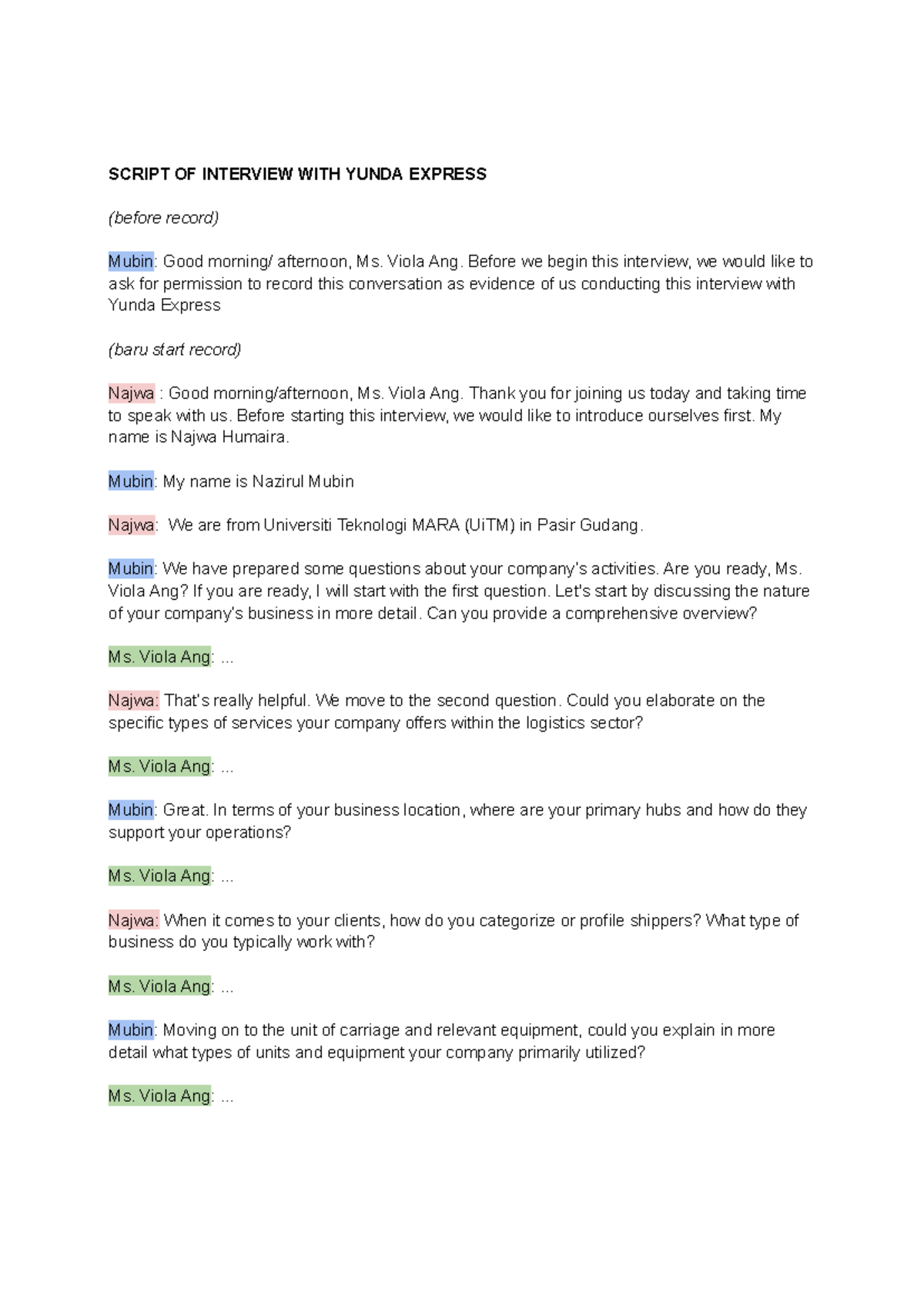 Script Interview - SCRIPT OF INTERVIEW WITH YUNDA EXPRESS (before ...