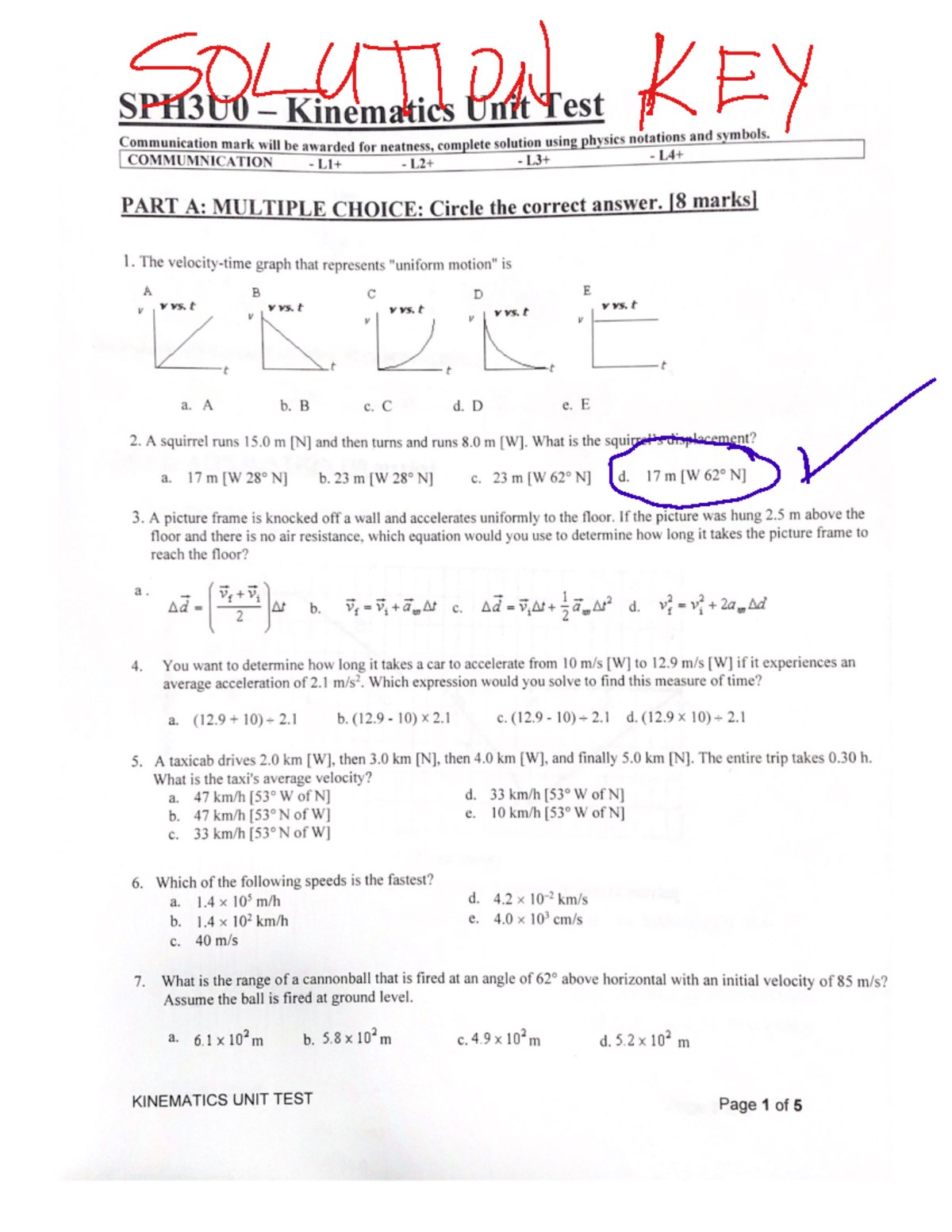 SPH3U0 Kinematics Unit Test Solution KEY Phys 115 Studocu