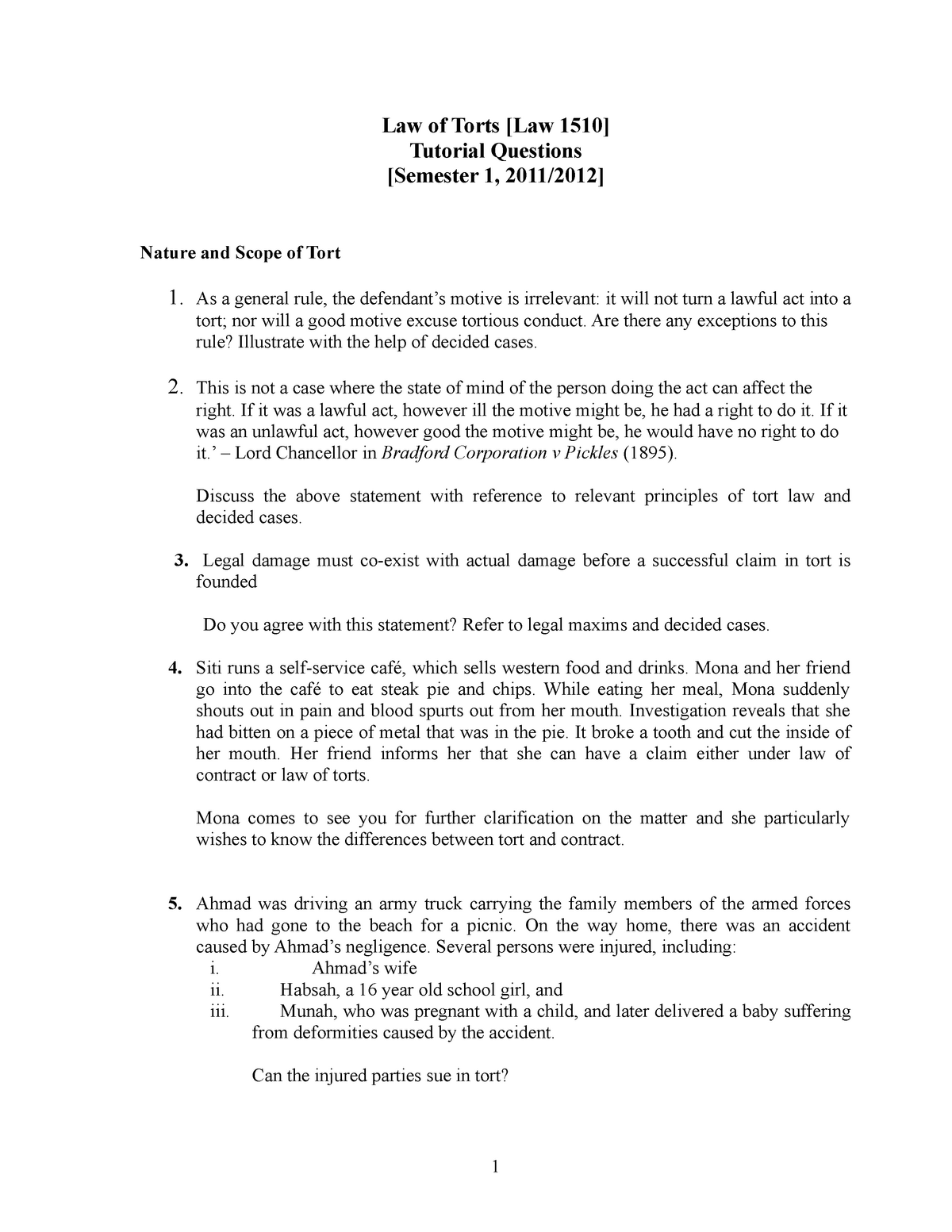 Law Of Torts Tutorial Questions 2011 2012 Law1511 Iium Studocu