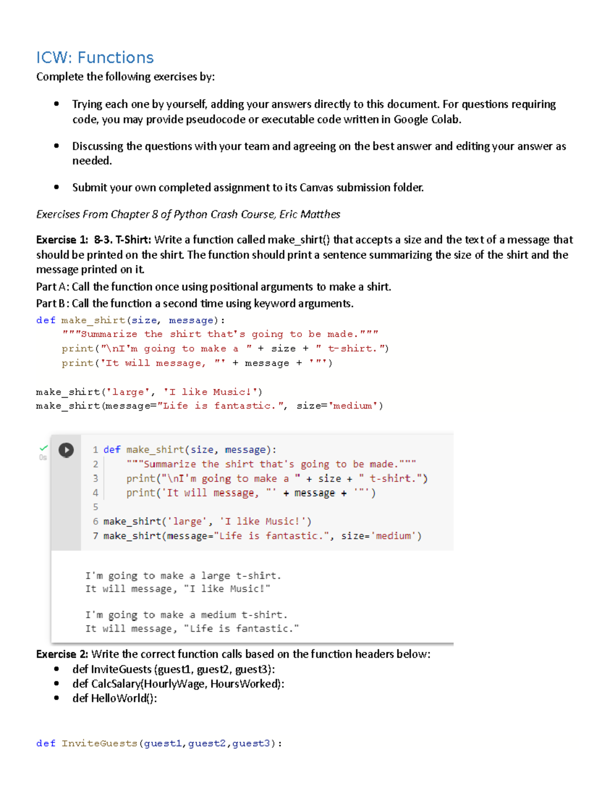 ICW Functions - ICW: Functions Complete the following exercises by ...
