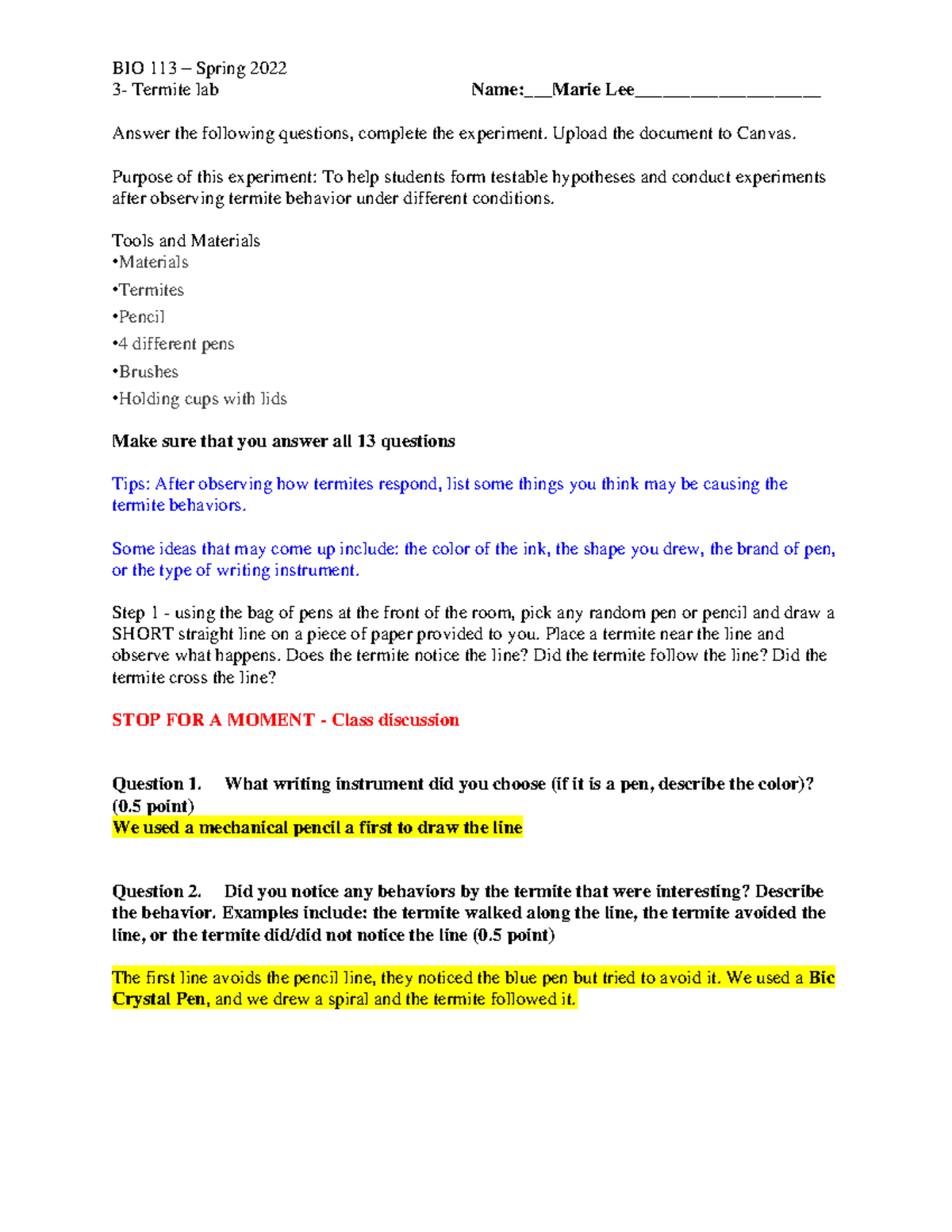 Worksheet 2 - termite - 3- Termite lab Name:Marie Lee ...