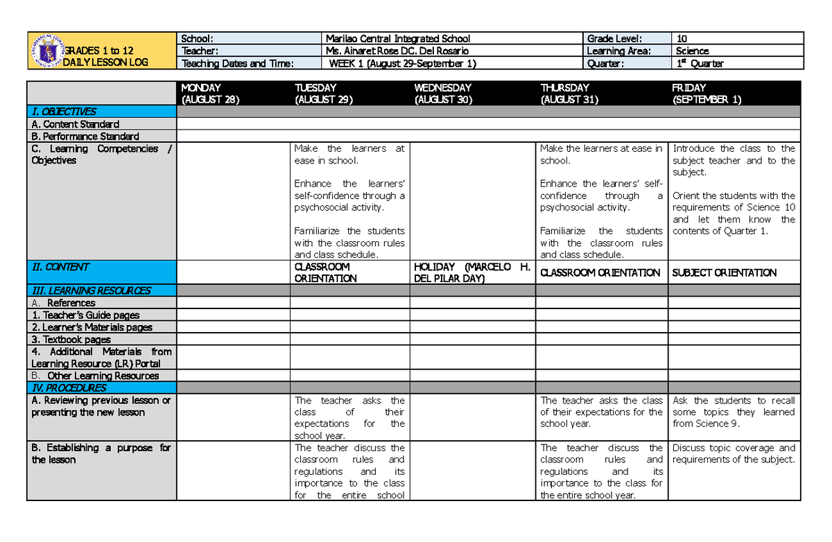 Daily-Lesson-Log Template - GRADES 1 to 12 DAILY LESSON LOG School ...